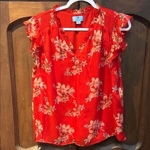 CeCe Bright Red Floral V-Neck Ruffle Sleeve Blouse